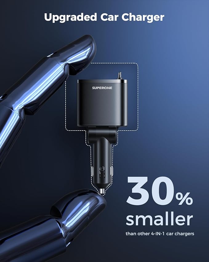 Retractable Car Charger, SUPERONE 99W Car Phone Charger with Cables Fast Charging, USB C Car Charger Adapter for iPhone 17 16 15 14 13 12, Samsung, Black (Pack of 2)