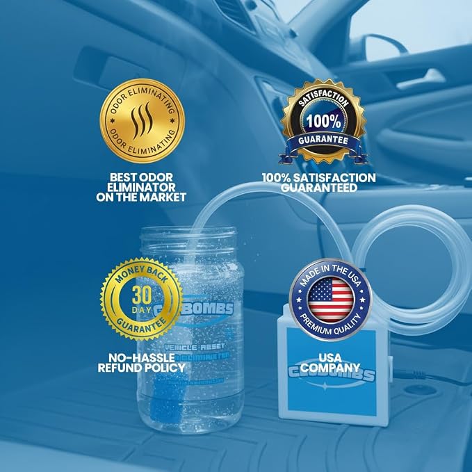 Odor Eliminator for Car Kit - Advanced Chlorine Dioxide Odor Removal Neutralizes Smoke, Pet Urine, Mildew & Skunk Odors in 1 Hour - Includes Bubbler System