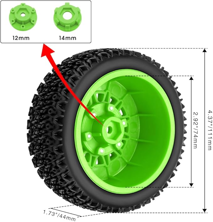 GLOBACT 12mm/14mm Hex RC Wheels and Tires 1/10 RC Truck Tires for Arrma Senton Fury Slash Axial Losi Redcat Rc4wd Hex Detachable Replacement (Green 4PCS)