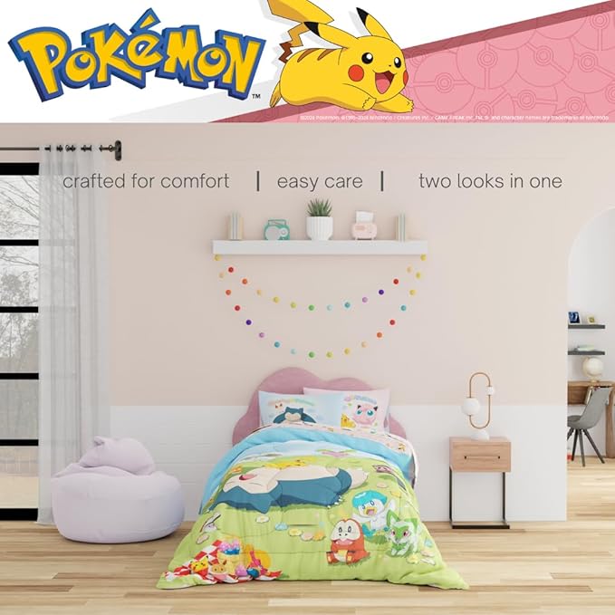 Pokemon Bedding Super Soft Comforter and Sheet Set with Sham, 4 Piece Twin Size, Featuring Snorlax, Pikachu, Eevee & Jigglypuff (Officially Licensed Product) by Franco