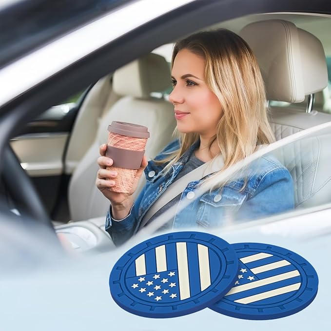 AUCELI 2 Pack Car Cup Holder Coasters, Colored American Flag US Flag Insert Car Cup Coaster, 2.75 Inch Anti Slip Shockproof Embedded Drink Mat, Vehicle Interior Decor Accessories