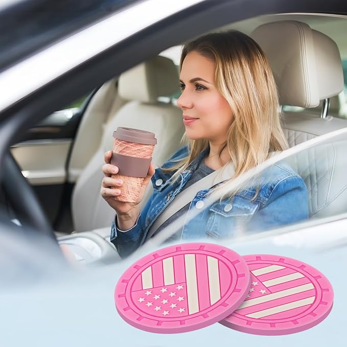 AUCELI 4 Pack Car Cup Holder Coasters, Colored American Flag US Flag Insert Car Cup Coaster, 2.75 Inch Anti Slip Shockproof Embedded Drink Mat, Vehicle Interior Decor Accessories