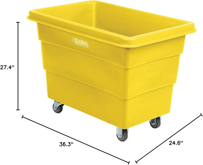 Global Industrial 8 Bushel Plastic Bulk Box Truck, Direct Mount Base, 500 lbs. Capacity, 3" Non-Maring Rubber Casters, Yellow, 33-3/10"L x 24-3/5"W x 27-2/5"H