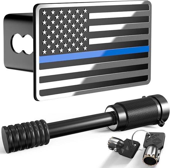 Heavy American Flag Metal Trailer Hitch Covers for 2 inch Receivers,Tow Hitch Covers 2 Inch for Truck Accessories (with 5/8-Inch Pin Diameter Trailer Hitch Lock,Chrome&Thin Blue Line)
