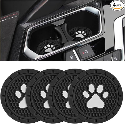 Osilly Car Cup Holder Coaster, 4 Pack PVC Paw Print Anti Slip Insert Coasters, 2.75 Inch Universal Cute Dog Paw Auto Drink Mat, Car Interior Accessories Decor for SUV, Truck, RV and More (Black)