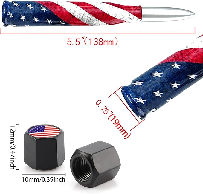 American Flag Car Truck Bullet Antenna with Valve Stem Caps, Universal Antenna Mast for GM Chevy Silverado 1500 2500 3500 HD Avalanche Ford F150 F250 F350 Heavy Duty Pickup Jeep Accessories (Silver)