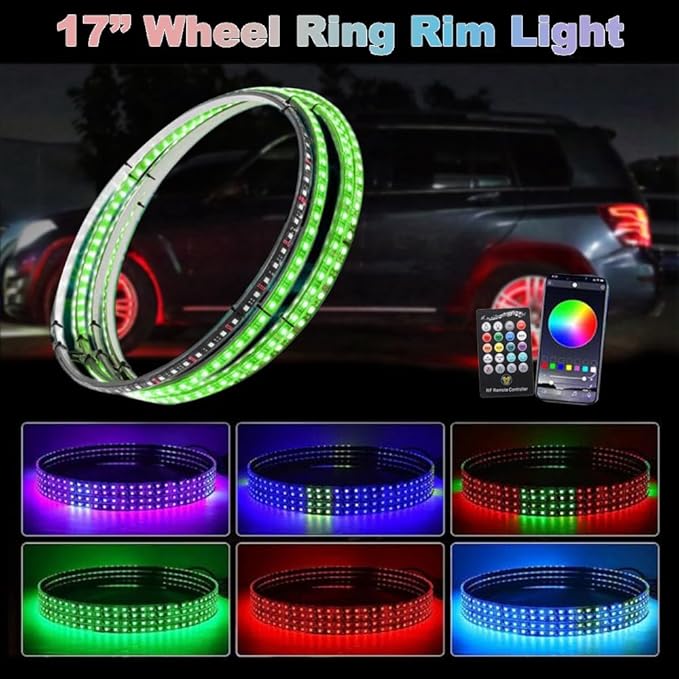 Blueshyhall 17 inch Row Wheel Ring Lights 4 Pcs for Truck Vehicle Offroad Car Pickup, Multi-Color RGB Color Chasing Dancing LED Rim Wheel Ring Lights