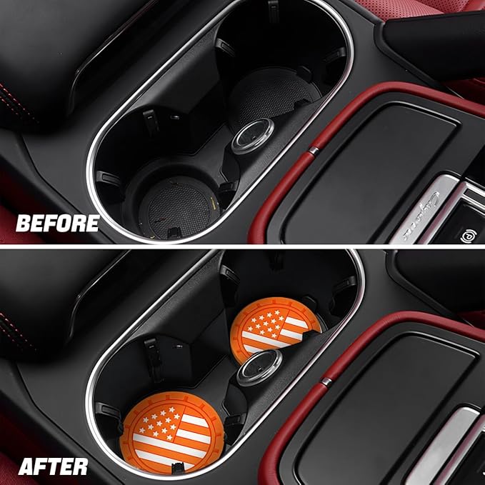 Osilly Car Cup Holder Coasters, 4 Pack American Flag Insert Car Cup Coaster, 2.75 Inch PVC Anti Slip Shockproof Embedded Drink Mat, Car Interior Decoration Accessories for SUV, Truck(Orange)