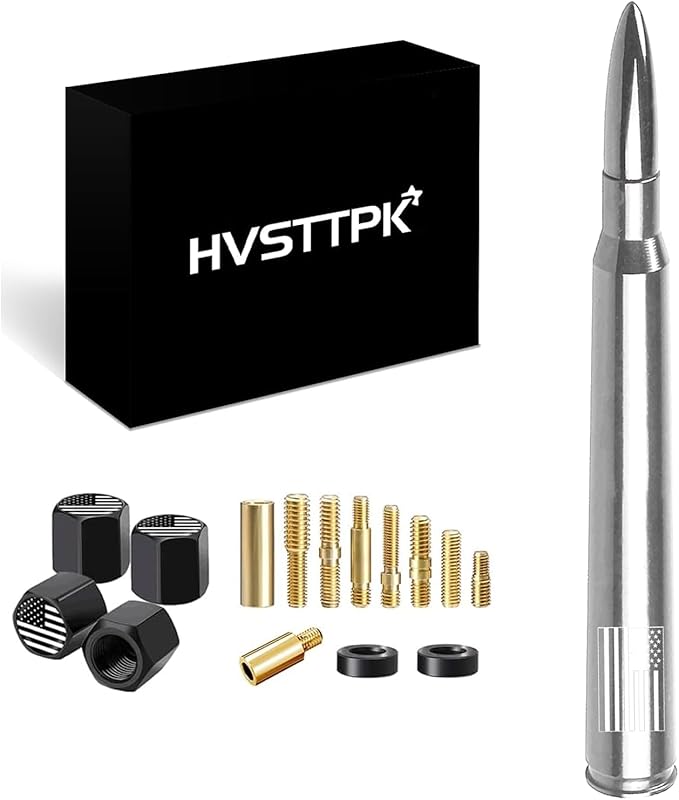Truck Bullet Antenna with Valve Stem Caps for GM Chevy Silverado 1500 2500 3500 HD Avalanche Ford F Series F150 F250 GMC Sierra 1500 2500 3500 Denali Heavy Truck Accessories (Chrome)- 7inch