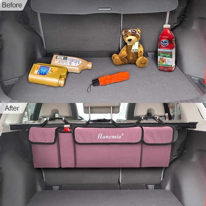 Car Trunk Organizer, Backseat Hanging Storage with 4 Large Pockets, Collapsible Cargo Bag with Adjustable Straps Frees Trunk Floor, Sturdy Space Saving Expert for SUV, Truck, Van (Pink)