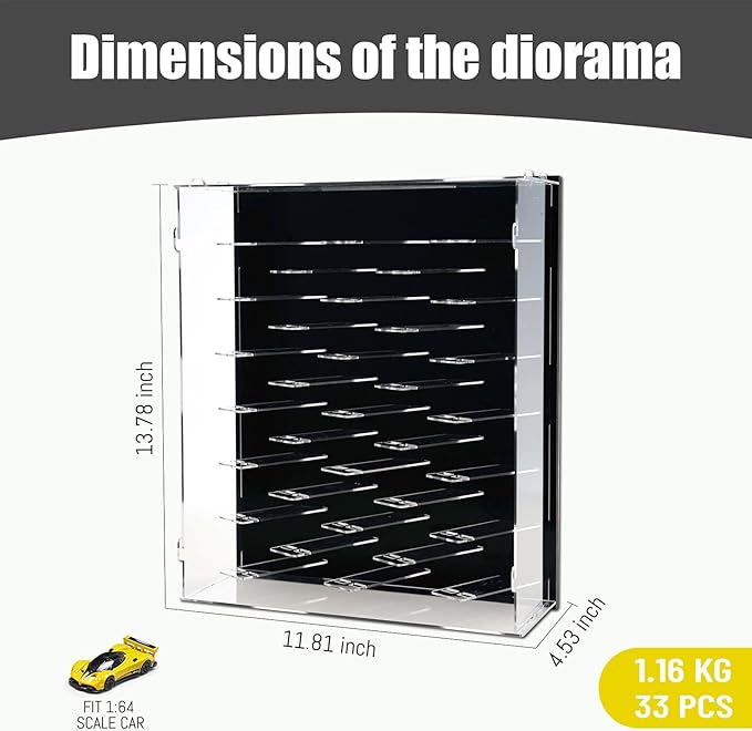 Acrylic Display & Storage Case for 1:64 Scale Diecast Cars - Wall Mountable/Tabletop 3D Showcase with LED Lights & Acrylic Dustproof Cover - Maximum 40 Toy Cars - Ideal Gifts for Collector （Black）