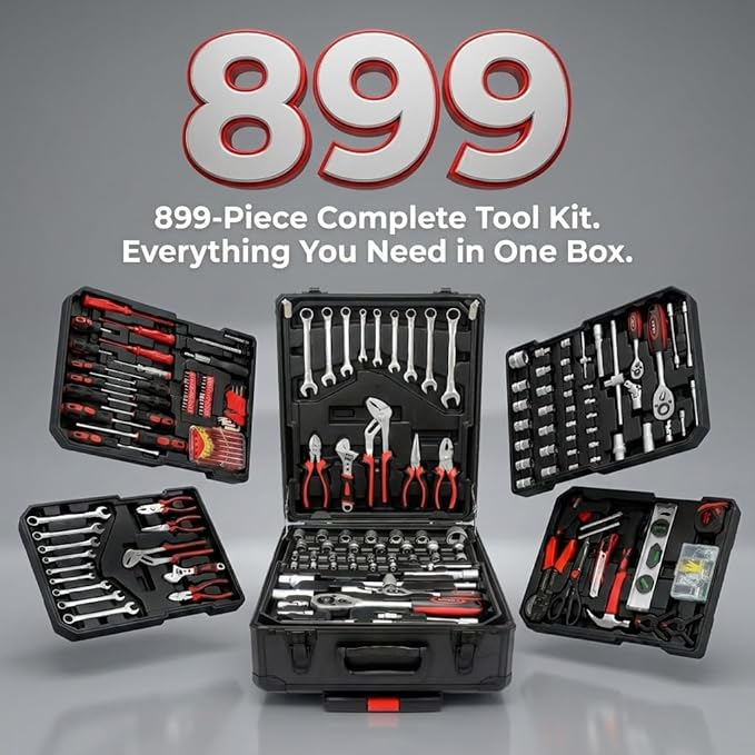 899-Piece Rolling Tool Cart, Complete Mechanics Tool Set with 4 Removable Trays, Portable Tool Chest for Home Repair, Household & Auto Garage, Professional-Grade Hand Tool Kit for DIYer, Black