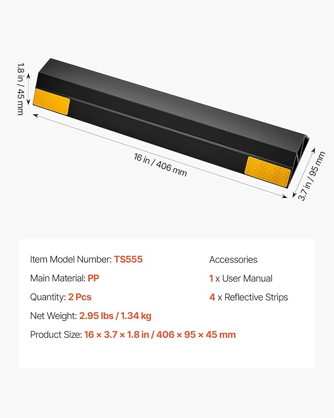 VEVOR Parking Stopper, 16 Inch 2 Pcs Heavy Duty Parking Aid for Garage, PP Curb Garage Floor Stopper with Reflective Strips, Vehicles Gadgets for Cars Vans Trucks Tire Wheel Guide Block Stops Bumpers