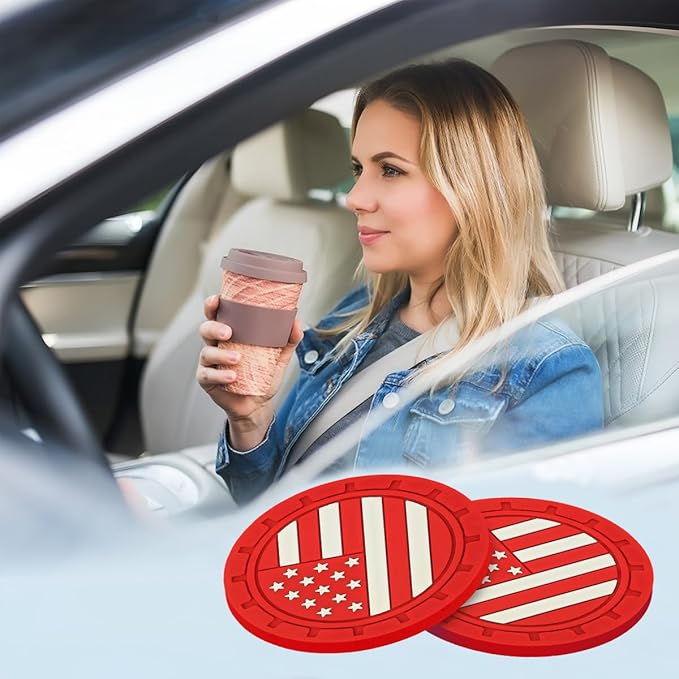 Osilly Car Cup Holder Coasters, 4 Pack American Flag Insert Coaster, 2.75 Inch PVC Anti-Slip Shockproof Embedded Drink Mat, Interior Decoration Accessories for SUV, Truck (Red)
