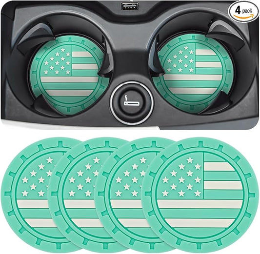 Osilly Car Cup Holder Coasters, 4 Pack American Flag Insert Car Cup Coaster, 2.75 Inch PVC Anti Slip Shockproof Embedded Drink Mat, Car Interior Decoration Accessories for SUV, Truck(Green)