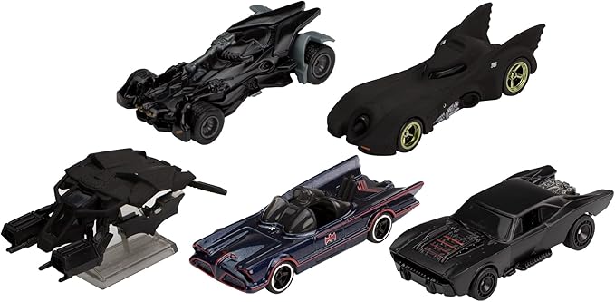 Hot Wheels Batman Batmobile Toy Car Bundle, Set of 5 Fan-Favorite Castings in 1:64 Scale with Special Packaging