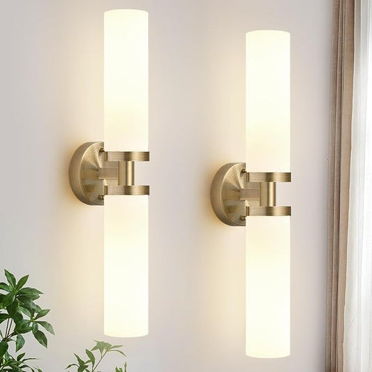 Indoi Wall Sconces Set of Two, Hardwired Brass Bathroom Sconces Wall Lighting with Milky White Glass, Modern Sconces Wall Decor Set of 2 Bathroom Light fixtures for Mirror Living Room Hallway Bedroom