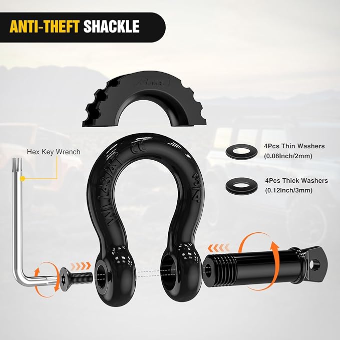 Nilight 3/4 inch D Ring Shackle 2 Pack 19T (41,887 lbs) Break Strength 4.75T WLL Heavy Duty Towing Hook with Anti-Theft System Anti-Rattle Isolators for Truck Jeep SUV ATV UTV Recovery Black