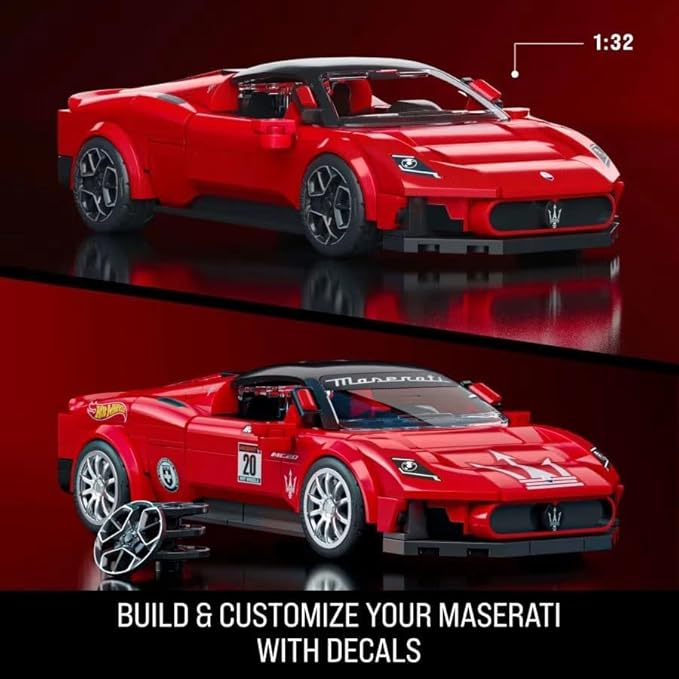 Hot Wheels 1/32 Maserati MC20 Building Kit, 250 Pieces, Includes 1/64 Mini Car, Hot Wheels Mattel Brick Shop