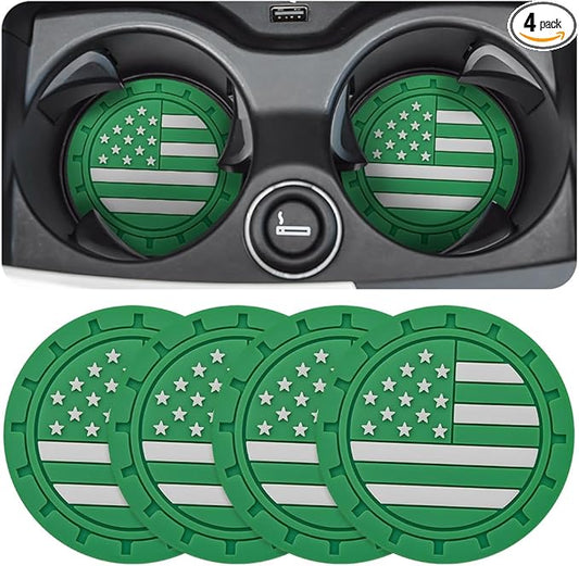 Osilly Car Cup Holder Coasters, 4 Pack American Flag Insert Car Cup Coaster, 2.75 Inch PVC Anti Slip Shockproof Embedded Drink Mat, Car Interior Decoration Accessories for SUV, Truck(Dark Green)