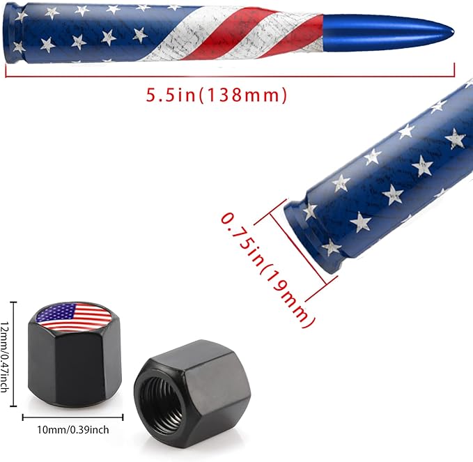 Car Truck Bullet Antenna with Valve Stem Caps, Universal Antenna Mast for GM Chevy Silverado 1500 2500 3500 HD Avalanche Ford F150 F250 F350 Heavy Duty Pickup Jeep Accessories (Blue)-American Flag