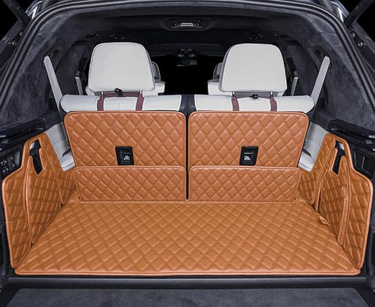 Compatible with BMW X7 2+2+2 Seater Trunk Mat Cargo Cover Dog Liner Boot Liner Full Coverage XPE Leather 3D Laser Measured (Trunk Mat+3rd Row Backrest Mat+Both Sides Panel) (Brown