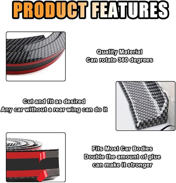 Car Rear Spoiler Roof Lip Kit, Carbon Fiber 3D Rubber Trunk Spoiler Trim Strip Cool Car Decoration, Universal Punch-Free Vehicle Exterior Accessory Sticker (Carbon Fiber Black)
