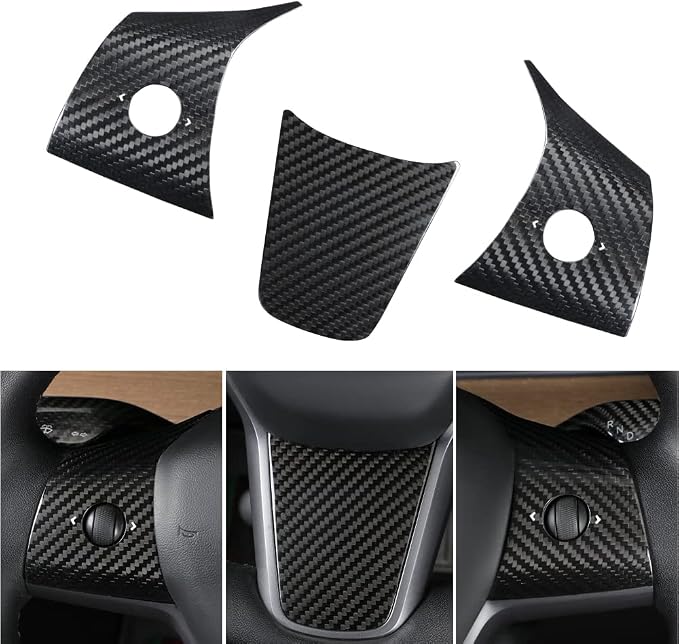 JSWAN Carbon Fiber Steering Wheel Panel Cover for Tesla Model 3 (2017 to 2023) Model Y (2020 to 2024) Steering Wheel Button Frame Wrap Accessories (Bright Black Panel Cover)