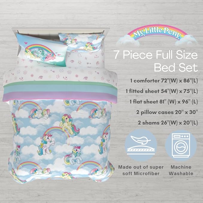 Franco Collectibles My Little Pony Classic Retro Unicorn Rainbow Bedding 7 Piece Super Soft Comforter and Sheet Set with Sham, Full, (100% Official Licensed Product)