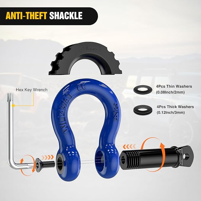 Nilight 3/4 inch D Ring Shackle 2 Pack 19T (41,887 lbs) Break Strength 4.75T WLL Heavy Duty Towing Hook with Anti-Theft System Anti-Rattle Isolators for Truck Jeep SUV ATV UTV Recovery Blue