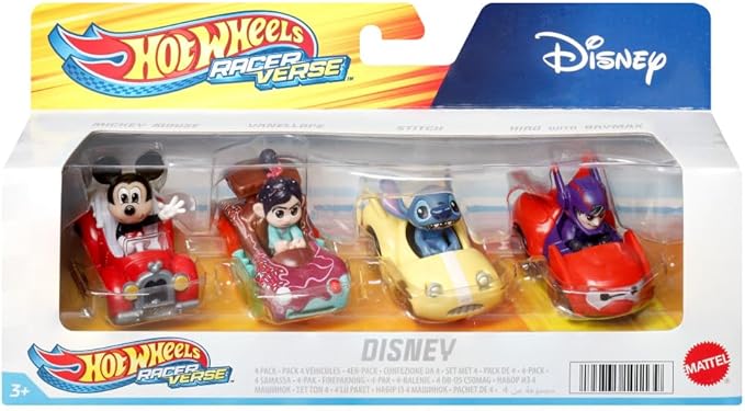 Hot Wheels RacerVerse, Set of 4 Die-Cars 1:64 Scale Toy Cars Optimized for Driving on Tracks with Pop Culture Characters as Drivers