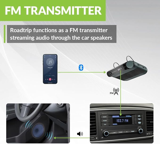 Avantree Roadtrip - Car Bluetooth Speaker & Wireless FM Transmitter Kit 2-in-1 for Streaming Cell Phone Audio to Car Speaker with Hands-Free 6W Speakers, Built-in Mic, and Long 22hr Playtime