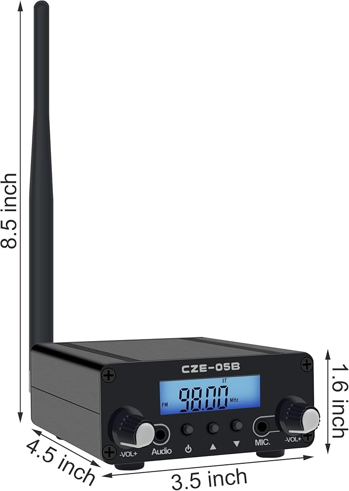 0.5W 0.1W Long Range FM Transmitter with LCD & 3.5mm Audio Cable - Ideal for Drive-in Church, School & Supermarket Events, Light Shows & Fireworks Display - Black