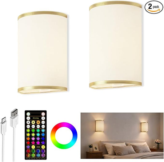 EZVALO Battery Operated Wall Sconce, Wireless Wall Sconces Set of Two with Remote, 3 Color & 80 RGB Rechargeable Wall Lights, Dimmable, Timer, Fabric Linen Shade Wall Decor for Bedroom (White)