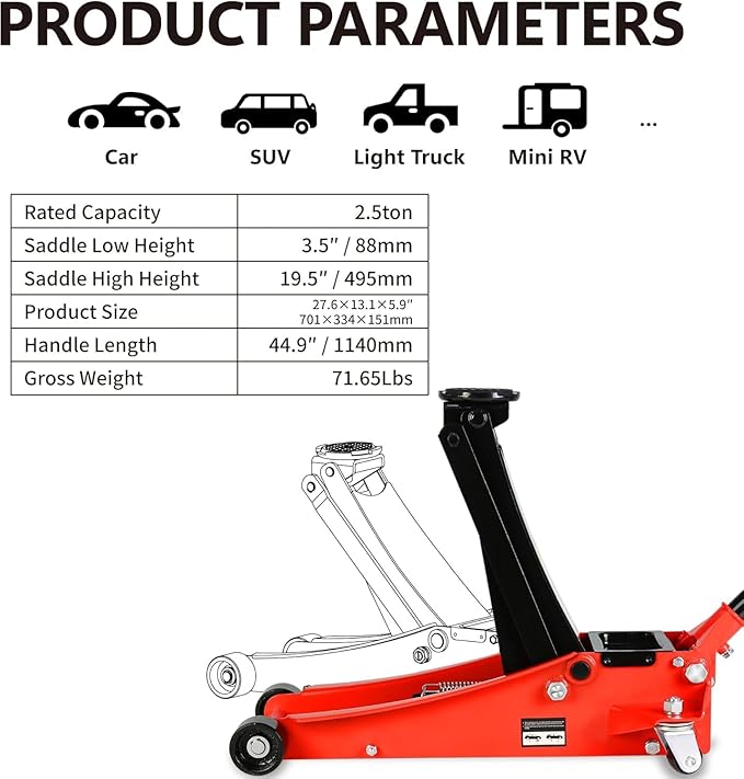 2.5 Ton Low Profile Floor Jack, Heavy Duty Floor Jack with Dual Piston Quick Lift Pump, Steel Car Jacks Adjustable Height 3.5"-19.5", Trolley Floor Jacks 2.5 Ton/5000 LBS Capacity, Red