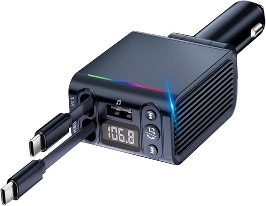 FM Transmitter Bluetooth Car Adapter - 45W Retractable Car Charger [PD 30W & QC3.0] Wireless Radio FM Bluetooth Transmitter for Old Cars, Hands-Free Calling, Black