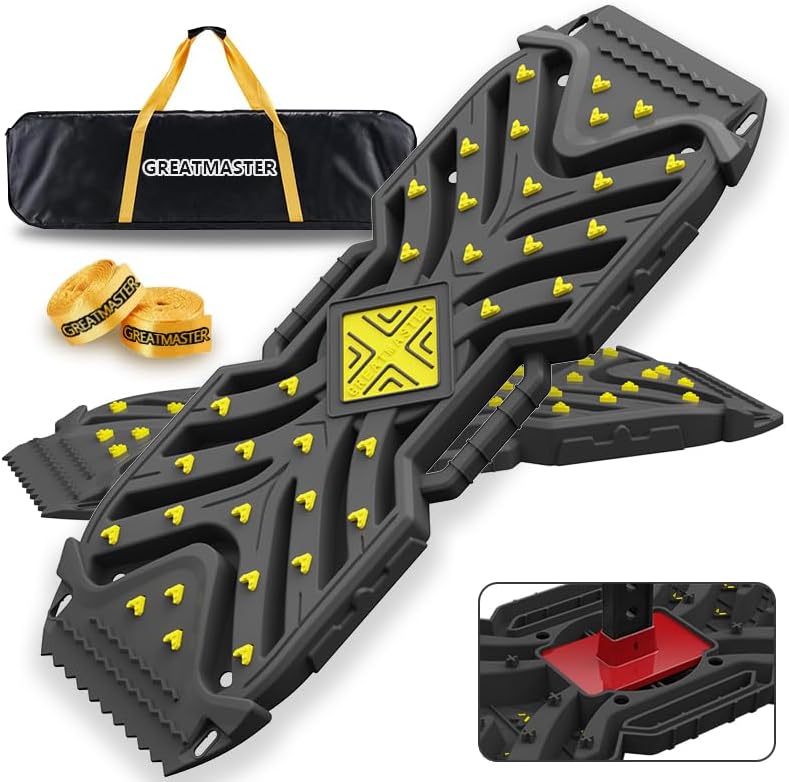 Traction Boards Recovery Boards (Pair) – 42″ × 14″ PA66 Off-Road Tracks with 34 High-Strength Contrasting-Color Spikes, Flip-Shovel & Jack-Base Design, Tow Strap – Sand, Mud, Snow 4×4 SUV ATV Truck