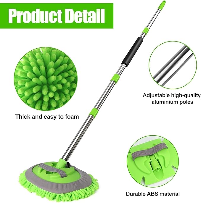 3Pcs 62'' Microfiber Car Wash Brush Mop Kit Sponge with Long Handle, Chenille Car Cleaning Brush Supplies for Car Rv SUV Truck Boat Bus Non-Scratches