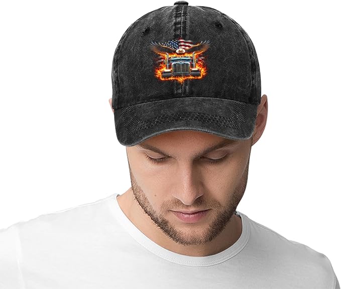 American Flag Semi Truck Driver 18 Wheeler Patriotic Trucker Vintage Baseball Cap Sun Hat Gifts Trucker Hat Women Dad Hat Black