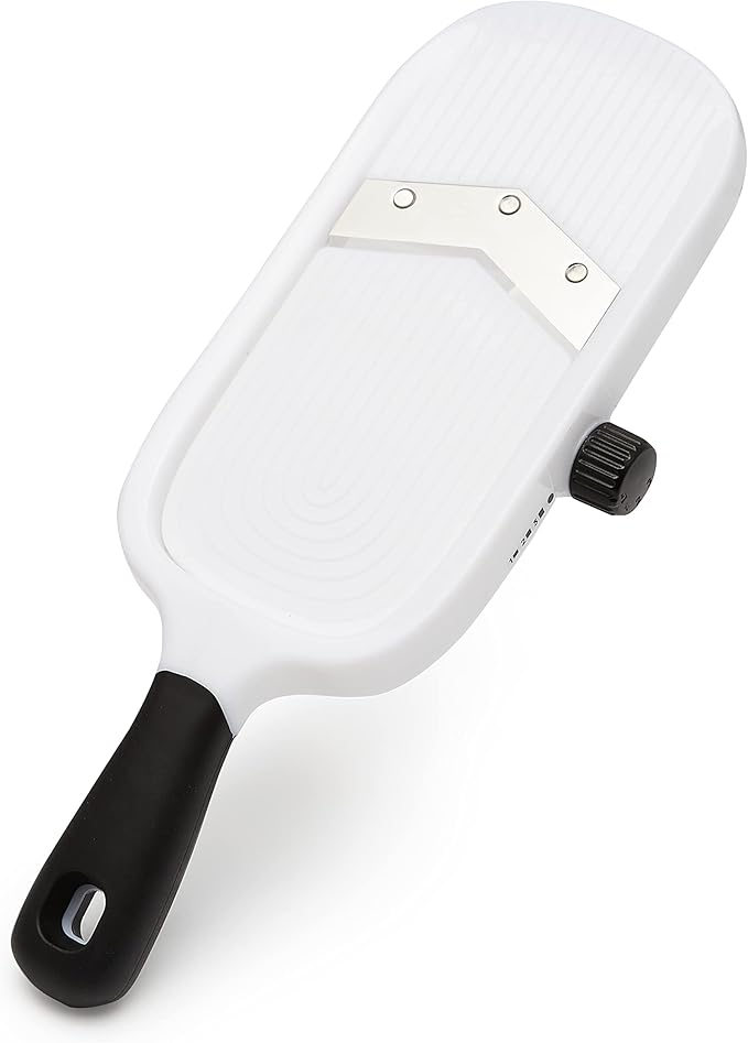 Amazon Basics Hand-held Safe Mandoline Slicer for Vegetables and Fruits, Adjustable Thickness, Stainless Steel Blade, White, 11.3" x 4.5" x 2.5"