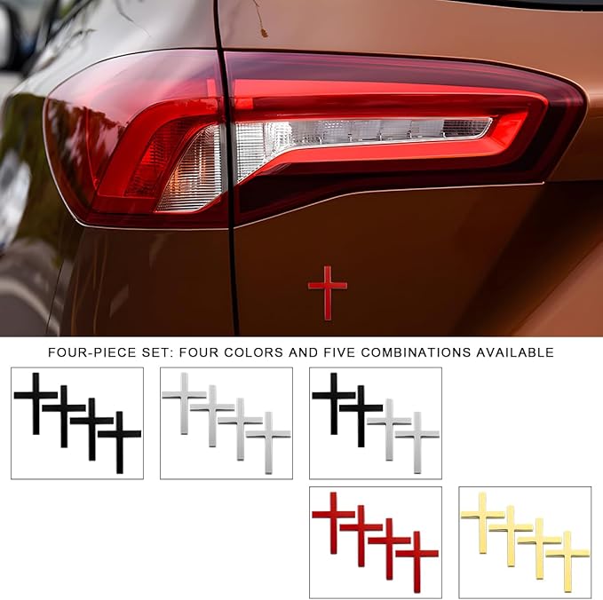 DXNQ 4PCS Metal Jesus Christ Cross Badge Stickers, 2.5"×1.8" Alloy 3D Individual Car Cross Sticker, Self Adhesive Scratch Covering Cross Emblem Decal for Car Body Fender Tail (Red)