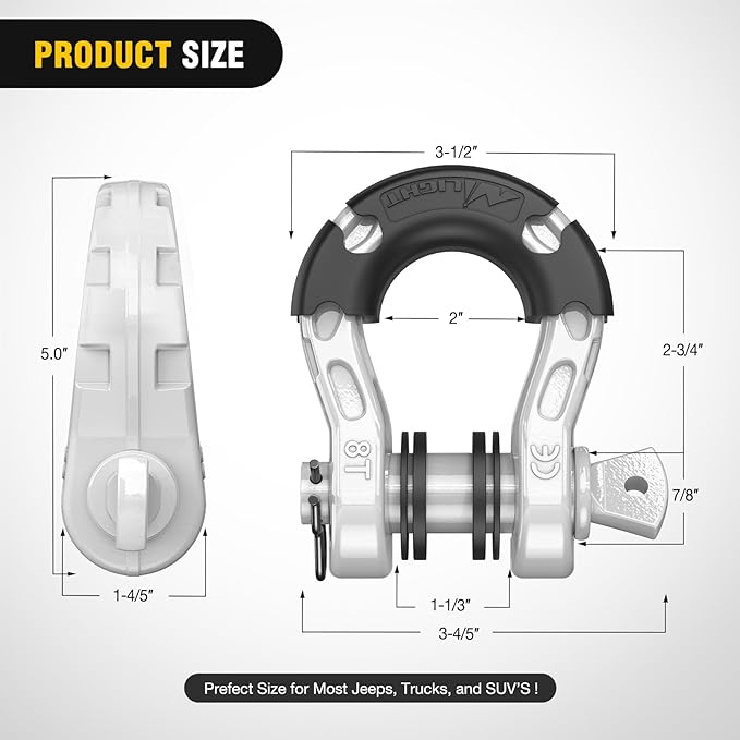 Nilight Heavy Duty Mega D-Ring Shackles(2 Pack) w/ 7/8″ Screw Pin & isolators, 68,000 lb Break Strength(17,000 lb WLL), Forged Steel Off-Road Recovery Shackles for Tow Strap & Winch Gear, White