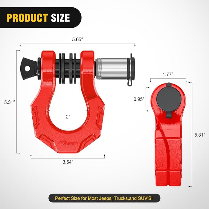 Nilight 2 Pack 3/4" D-Ring Separate Shackle with 7/8" Lock Pin 45,000 lbs Break Strength, Off Road Recovery Shackle with Isolators Washers for Use with Tow Strap, Winch, Truck Vehicle (Red)