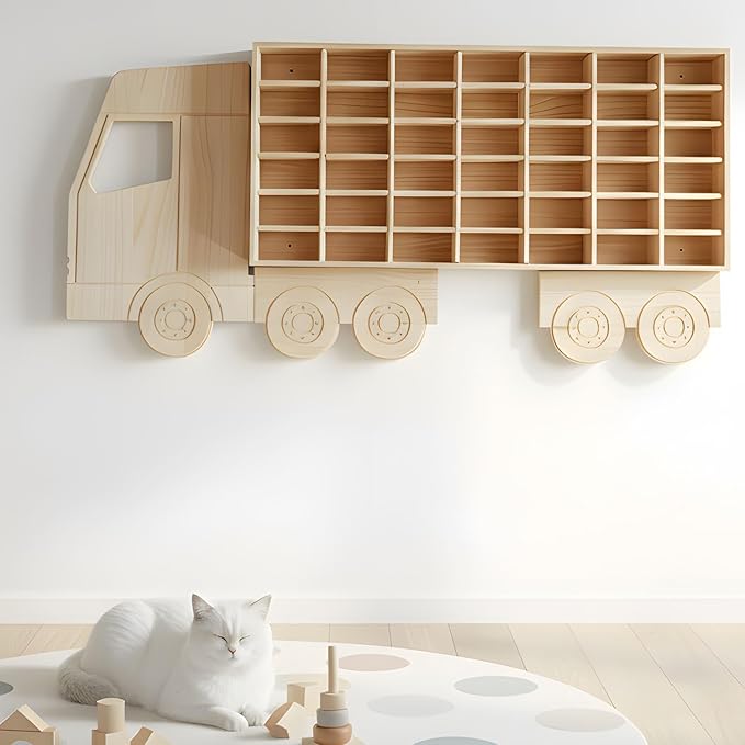 Wood Car Display Shelf, Toy Car Storage Organizer for 1/64 Scale Diecast Cars, Holds 42 Models, Freestanding & Wall-Mounted Rack, Model Car Display Case