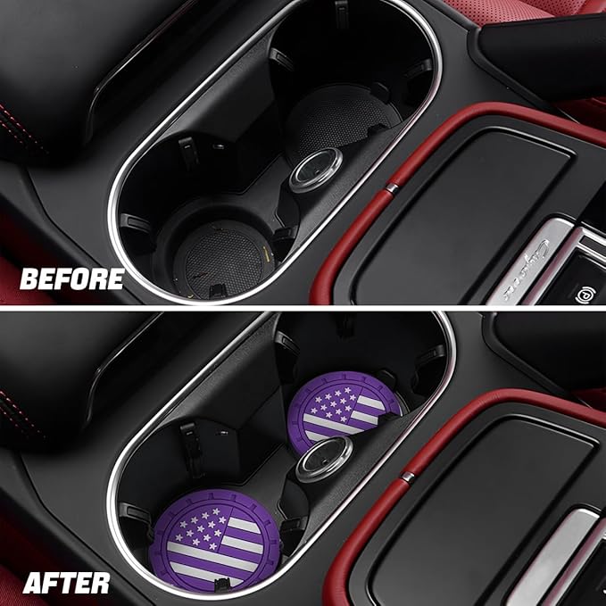 Osilly Car Cup Holder Coasters, 4 Pack American Flag Insert Car Cup Coaster, 2.75 Inch PVC Anti Slip Shockproof Embedded Drink Mat, Car Interior Decoration Accessories for SUV, Truck(Dark Purple)