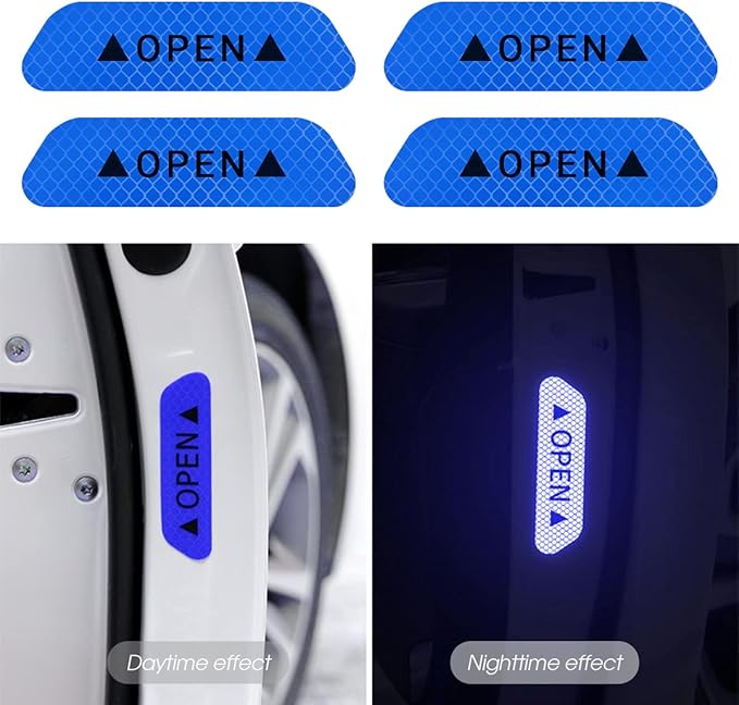 8PCS Reflective Open Warning Stickers for Car Door, Night Visibility Auto Safety Prompt Decals, Anti-Collision Protective Strip Tape, Car Accessories Universal for Truck, SUV, Van (Blue)