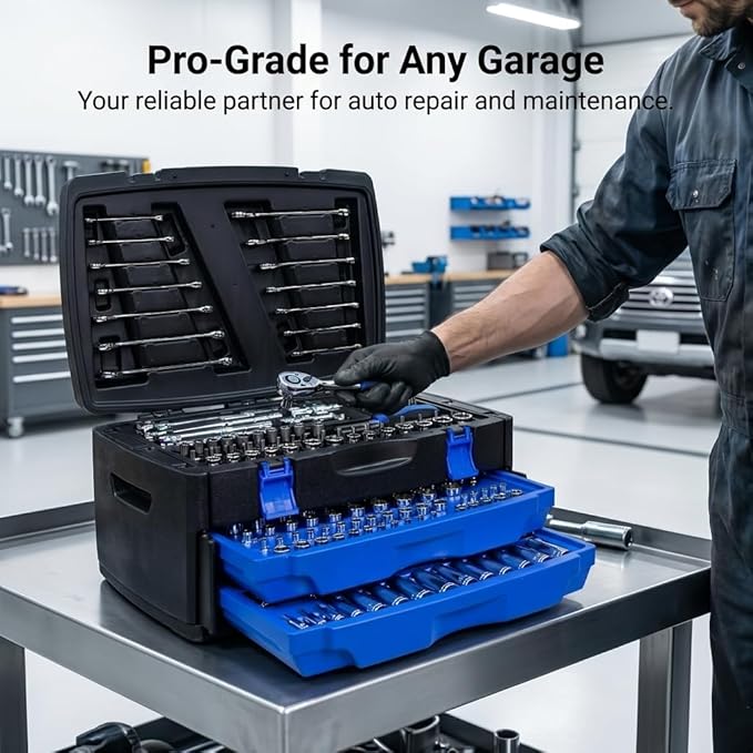 266-Piece Mechanics Tool Set, Heavy Duty Auto Repair Tool Kit with Drawers Storage Box, Carbon Steel Socket Wrench Set for Car Maintenance and Home DIY, Black&Blue