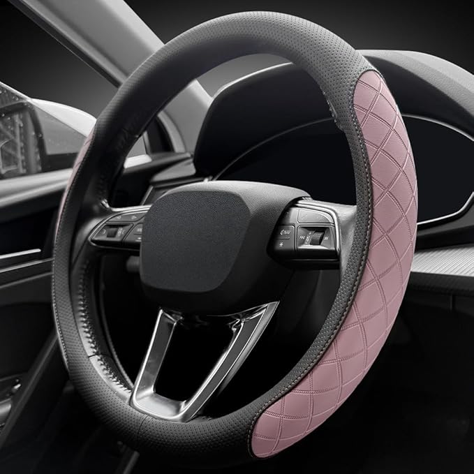 LKWLIKEI Nappa leather steering wheel cover,elegant diamond checkered design, non-slip wear-resistant, enhance driving comfort, suitable for steering wheel diameter 14 1/2‘-15’ models.Black and purple