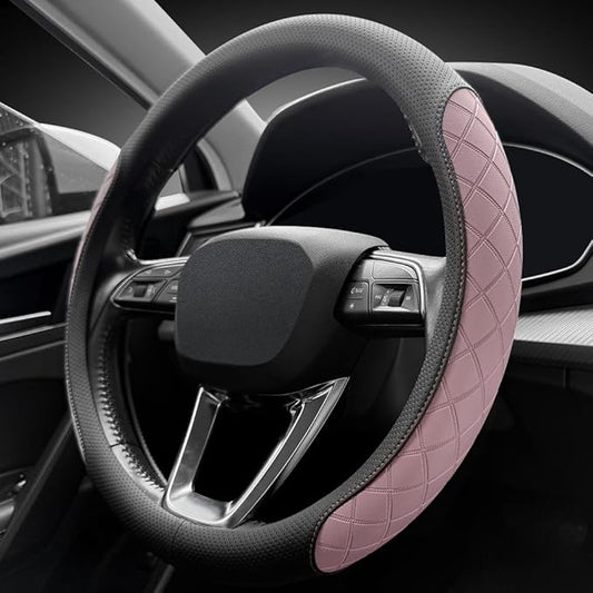 LKWLIKEI Nappa leather steering wheel cover,elegant diamond checkered design, non-slip wear-resistant, enhance driving comfort, suitable for steering wheel diameter 14 1/2‘-15’ models.Black and purple