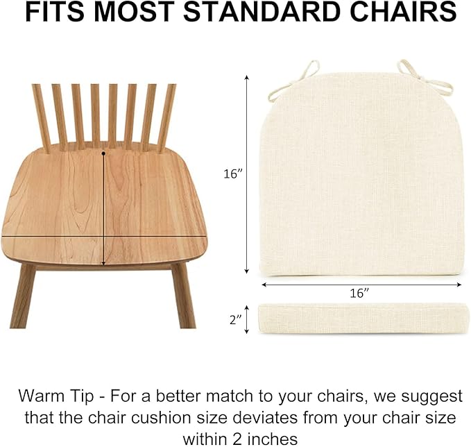 Wellsin Chair Cushions for Dining Chairs 6 Pack - Kitchen Chair Cushions with Ties and Non-Slip Backing - Dining Chair Pads 16"X16"X2", Beige
